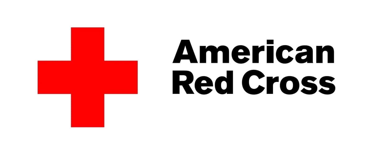 A red and black logo for american red cross.